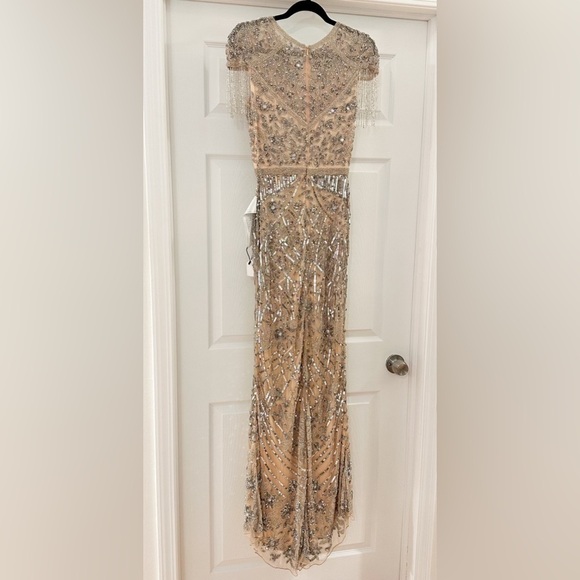 Mac Duggal 4715 Military Style Beaded sequin Fringe Sheath Gown Platinum - Picture 13 of 15